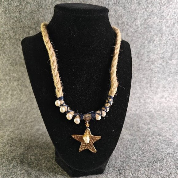 Karola & Co. Necklace Unisex Medium Blue Braided Rope Pearl Star Charm Boho Styl - Picture 1 of 3